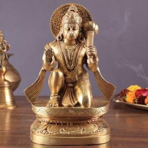 Pure Brass Blessing Hanuman Idol 8" | Enhanced Carvings | 2.5 kg Superfine Craftsmanship | Divine Blessings for Spiritual Space | 6" Width, 4.75" Depth